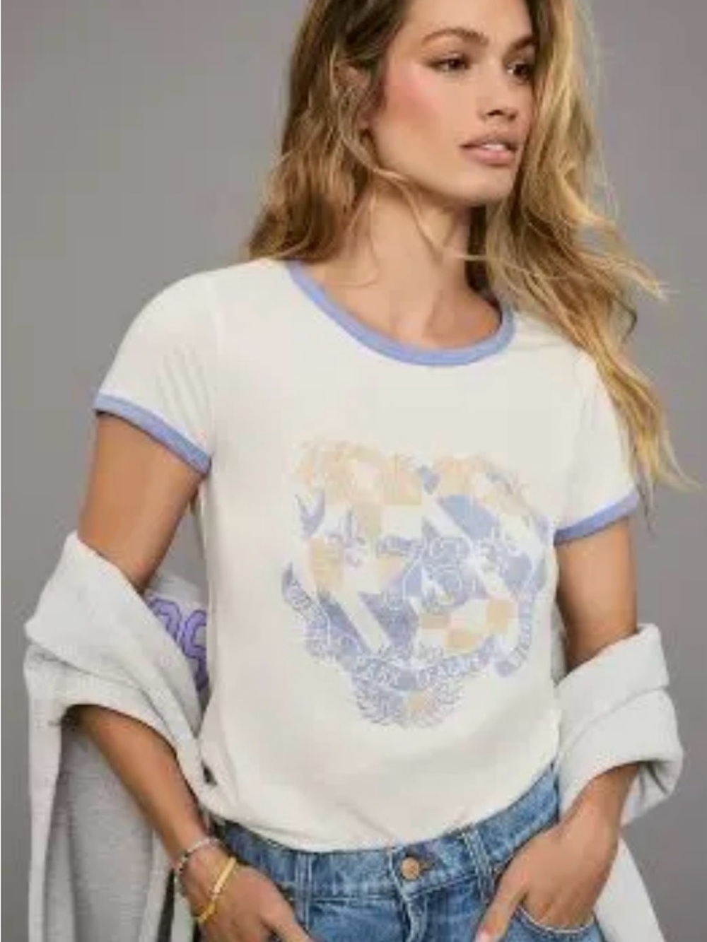 Pilcro White Short Sleeve Tee with Light Blue Trim and Pastel Graphic
